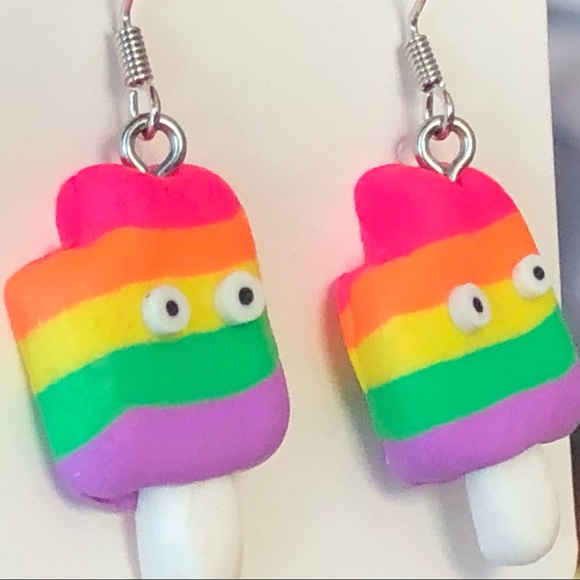New Rainbow Popsicle Ice Cream Earrings Polymer Clay Fun Novelty Pride Colourful - Picture 3 of 6
